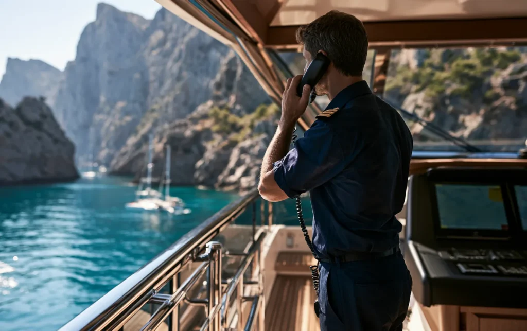 Boat captain using a marine radio near a rocky Mediterranean coastline.