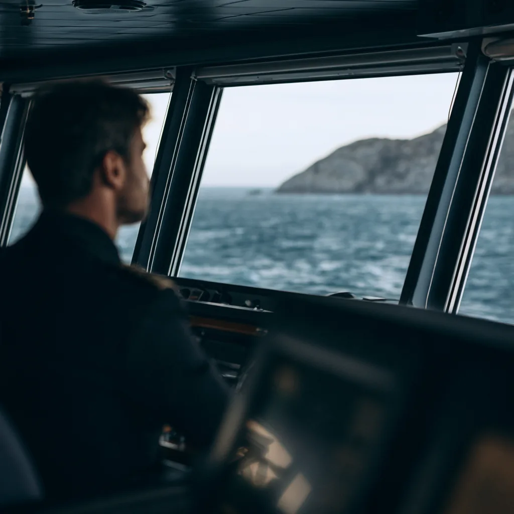 Captain looking out to sea from the bridge of a boat.