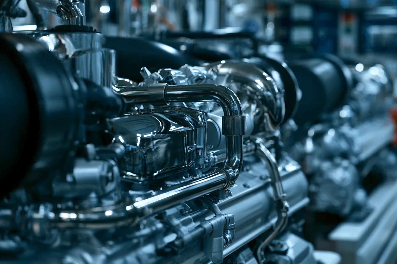 Close-up view of marine engine and machinery components on a boat.