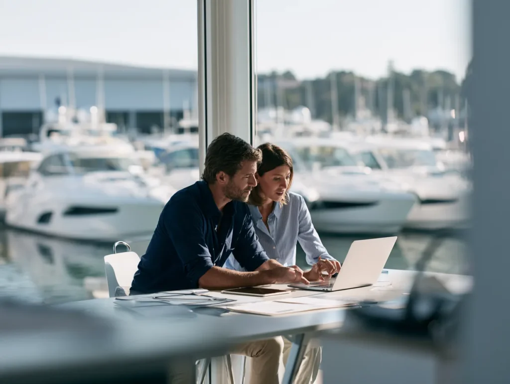 Two professionals reviewing boat insurance information on a laptop overlooking a marina.