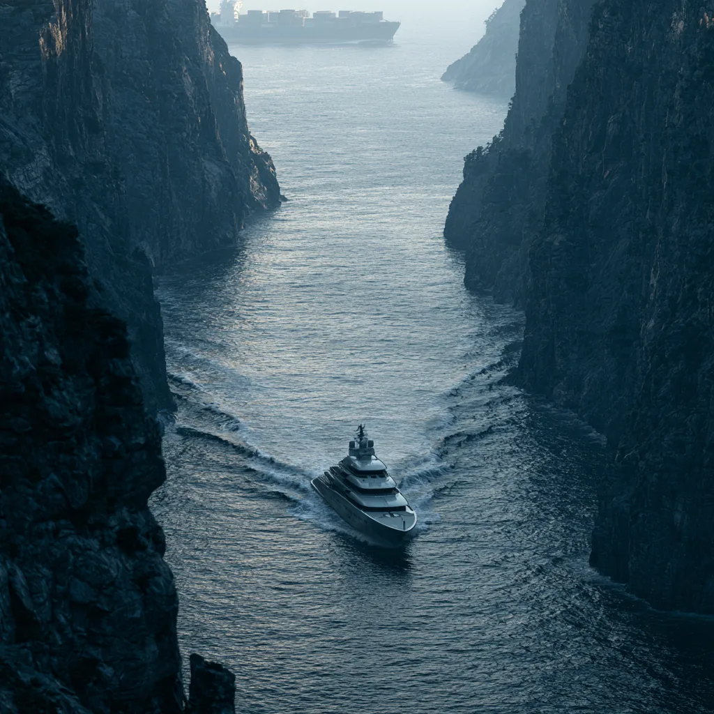 Motor boat navigating a narrow rocky passage at sea.