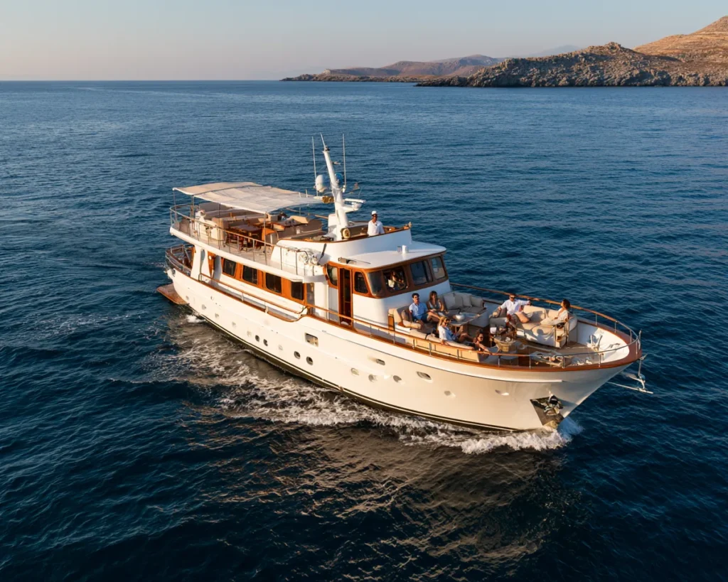 Classic motor boat cruising across calm Mediterranean waters.