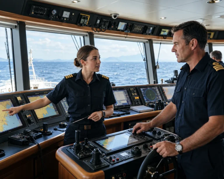 Two professional marine officers reviewing navigation charts on the bridge of a vessel, illustrating crew insurance coverage.