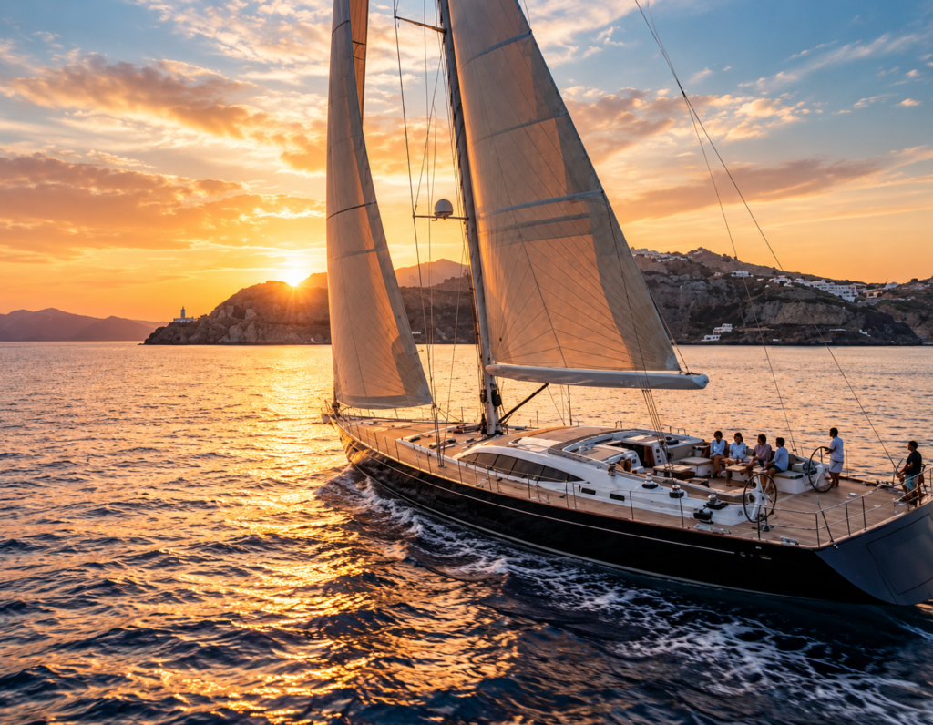 Luxury sailing yacht cruising along the Mediterranean coast at sunset.