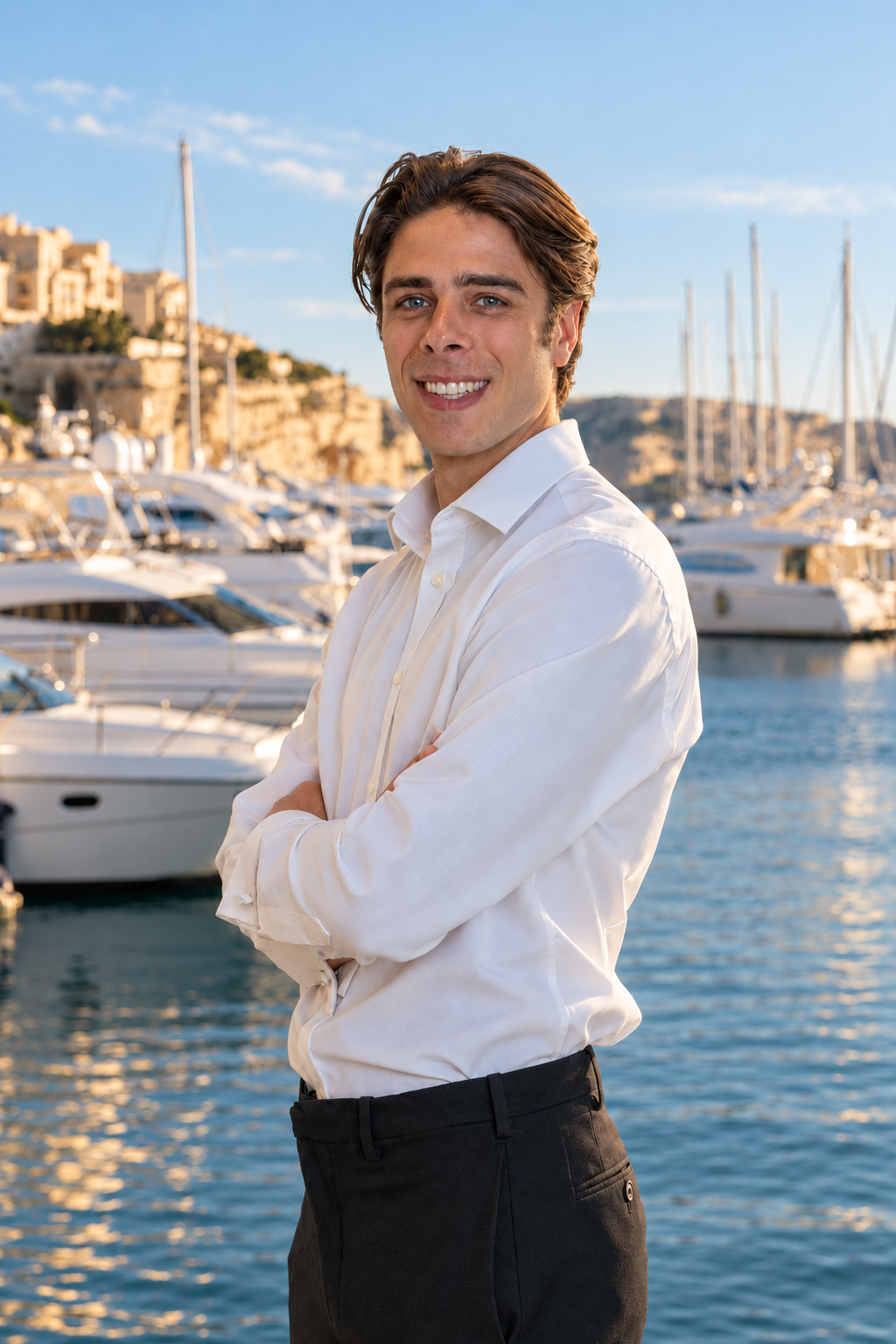 Loris Stratigéas, Marine Insurance Specialist, devant une marina méditerranéenne