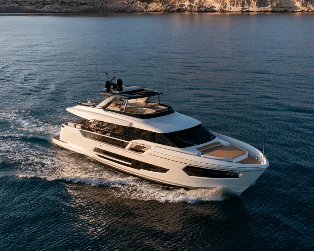 Luxury motor boat cruising across calm blue Mediterranean waters.