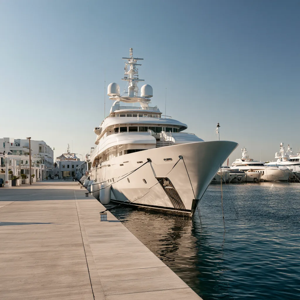 Luxury superyacht moored in a marina.