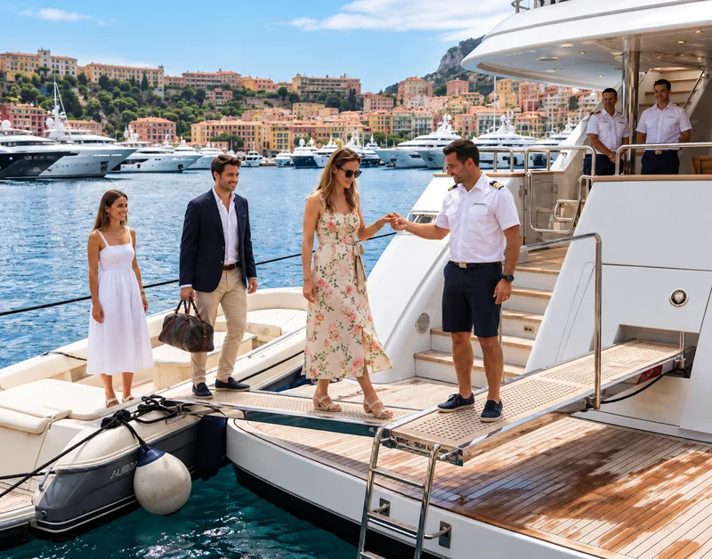 Guests boarding a luxury boat in a Mediterranean marina