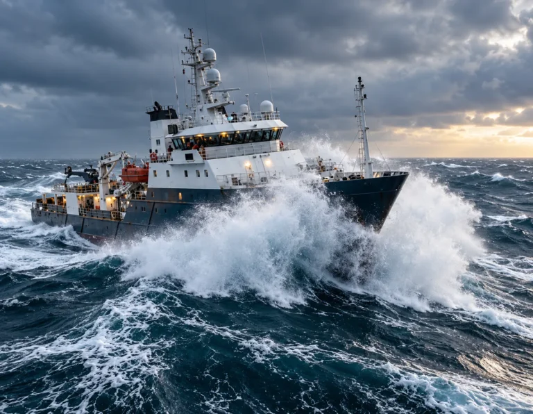 Offshore vessel navigating heavy seas and large waves under storm clouds, illustrating marine insurance risks.