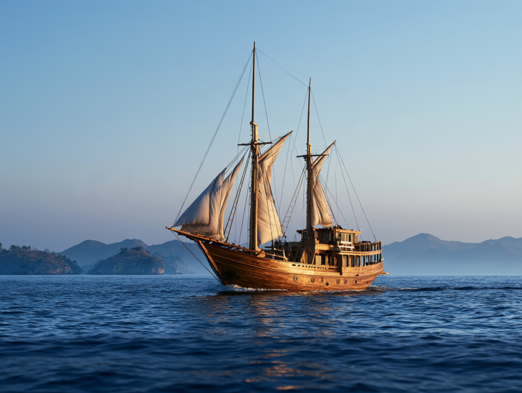 Traditional wooden sailing yacht navigating Indonesian waters