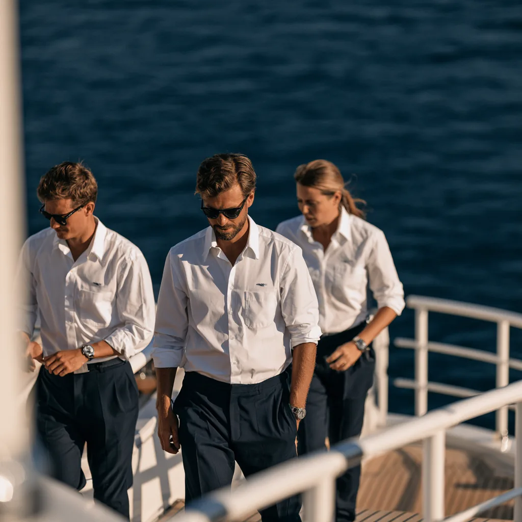 Professional marine crew members working together on the deck of a boat.