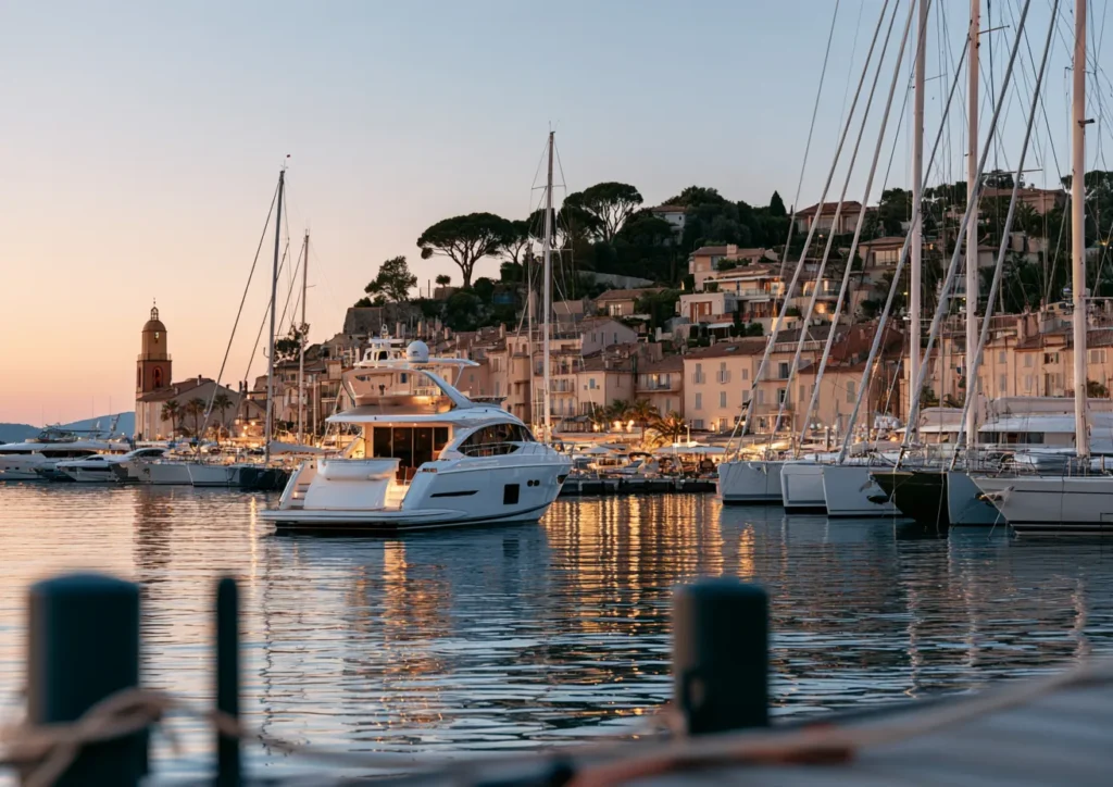 Motor boat in a Mediterranean marina at sunset