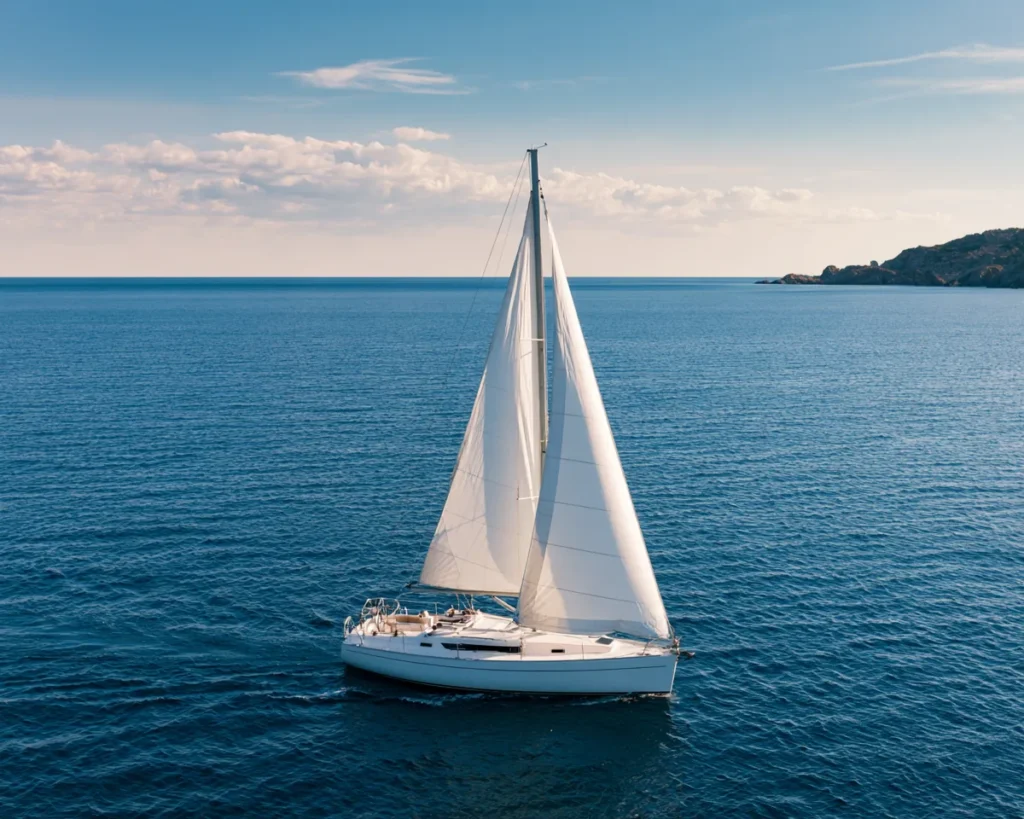 Sailing boat underway on open water in clear weather.