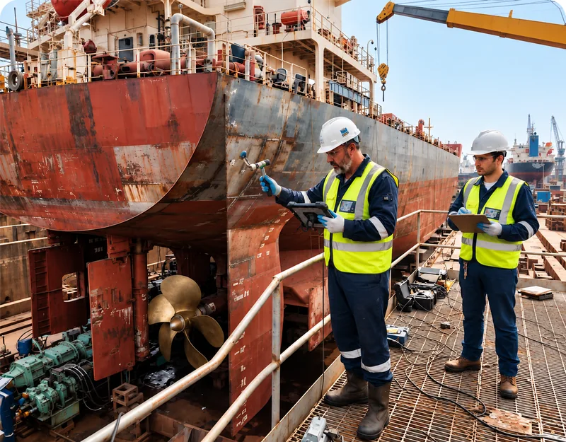 Marine surveyors inspecting a vessel hull in a shipyard