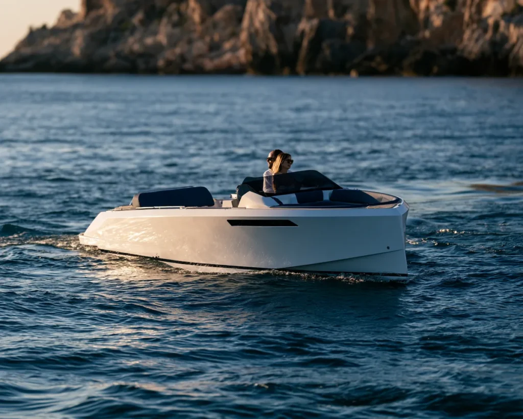 Small motor boat cruising on open sea.