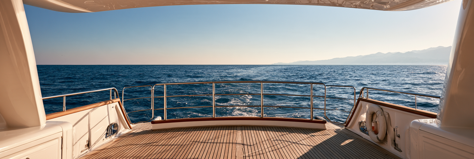 View from the aft deck of a boat cruising at sea, with its wake and coastline in the distance.